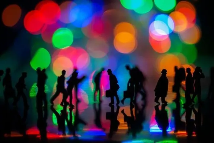 Framed Print : Miniature people toys studio set up - Silhouette side view of people busy walking with colorful blurred bokeh Framed Print : Miniature people toys studio set up - Silhouette side view of people busy walking with colorful blurred bokeh