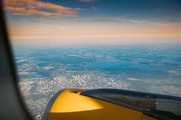 Minsk, Belarus. View From Airplane Window On Minsk. Sunset Sunrise Over City