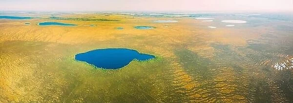 Miory District, Vitebsk Region, Belarus. The Yelnya Swamp. Upland And Transitional Bogs With Numerous Lakes. Elevated Aerial View Of Yelnya Nature