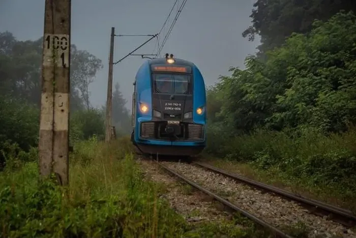 Framed Print : Mist morning with electric trains in Rajcza town with Sola river in middle of summer