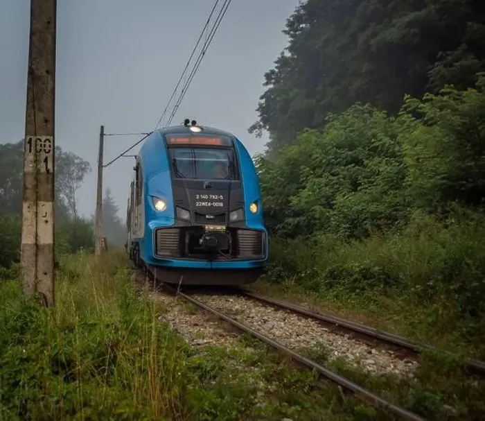 Framed Print : Mist morning with electric trains in Rajcza town with Sola river in middle of summer Framed Print : Mist morning with electric trains in Rajcza town with Sola river in middle of summer