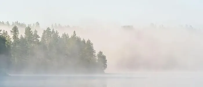 Framed Print : A misty forest envelops a serene body of water Framed Print : A misty forest envelops a serene body of water
