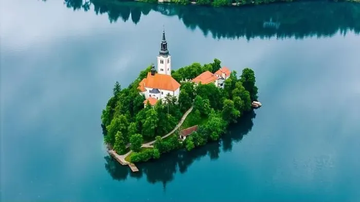 Framed Print : Misty Summer Morning Drone Shot of Bled Church Framed Print : Misty Summer Morning Drone Shot of Bled Church