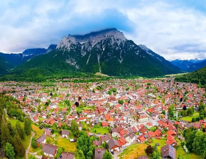 Framed Print : Mittenwald town and Karwendel mountain aerial panoramic view in Bavaria, Germany