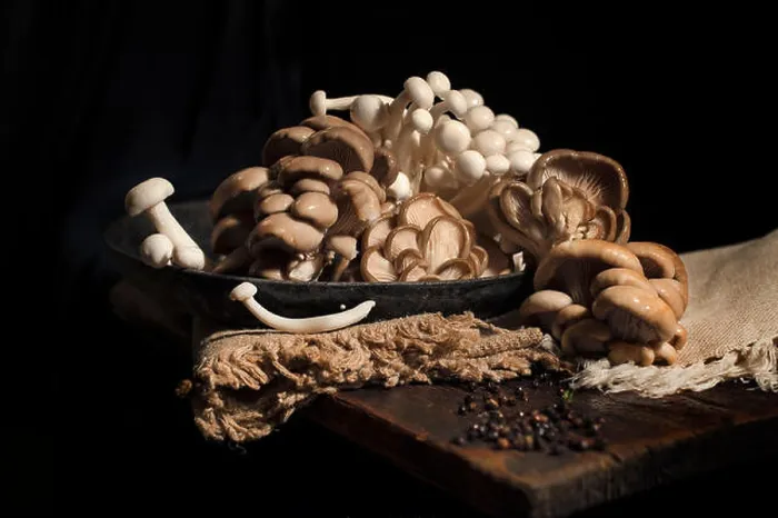 Framed Print : mixed raw oriental mushrooms including oyster, and shimeji on a frying pan at home Framed Print : mixed raw oriental mushrooms including oyster, and shimeji on a frying pan at home
