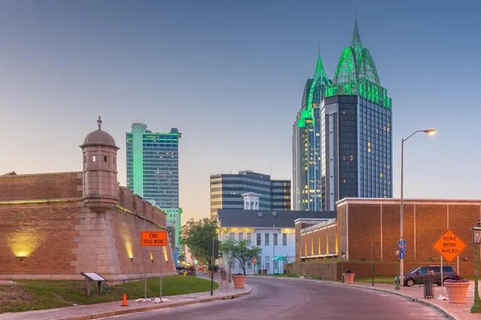 Framed Print : Mobile, Alabama, USA downtown skyline with Fort Conde at dusk Framed Print : Mobile, Alabama, USA downtown skyline with Fort Conde at dusk
