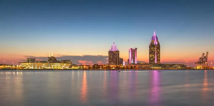 Framed Print : Mobile, Alabama, USA downtown skyline panorama on the river
