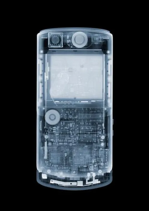 Framed Print : Mobile phone, coloured X-ray Framed Print : Mobile phone, coloured X-ray