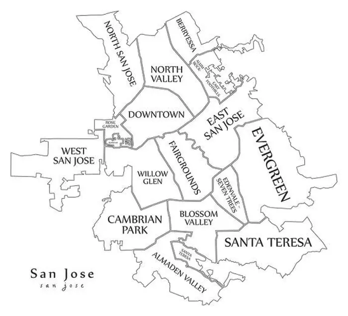 Framed Print : Modern City Map - San Jose city of the USA with neighborhoods and titles outline map Framed Print : Modern City Map - San Jose city of the USA with neighborhoods and titles outline map