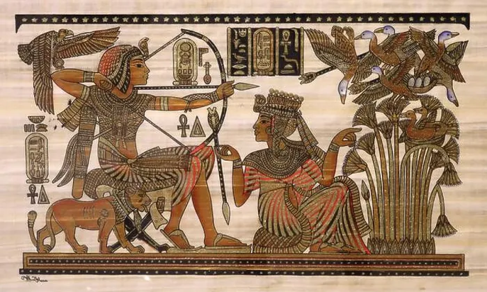 Framed Print : Modern payrus showing queen Ankhesenamun (left) with her husband Tutankhamun Framed Print : Modern payrus showing queen Ankhesenamun (left) with her husband Tutankhamun