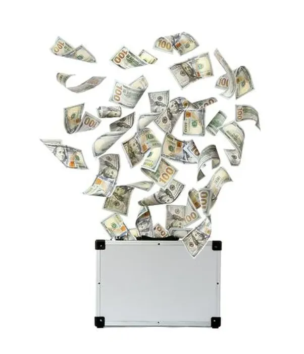 Framed Print : Modern suitcase full of money and flying American banknotes on white background Framed Print : Modern suitcase full of money and flying American banknotes on white background