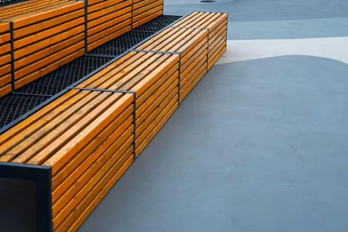 Framed Print : Modern wooden benches on the outdoor basketball court Framed Print : Modern wooden benches on the outdoor basketball court