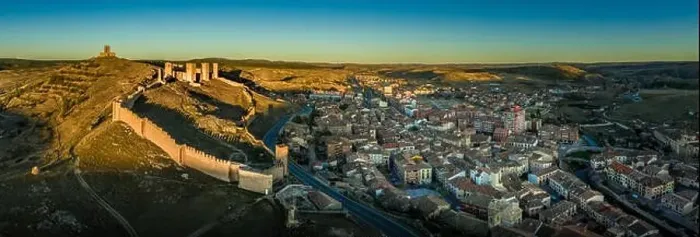 Framed Print : Molina de Aragon classic medieval Spanish ruined partially restored castle aerial panorama view at sunset close to Framed Print : Molina de Aragon classic medieval Spanish ruined partially restored castle aerial panorama view at sunset close to