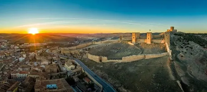 Framed Print : Molina de Aragon classic medieval Spanish ruined partially restored castle aerial panorama view at sunset close to Framed Print : Molina de Aragon classic medieval Spanish ruined partially restored castle aerial panorama view at sunset close to
