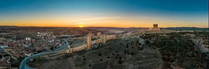 Framed Print : Molina de Aragon classic medieval Spanish ruined partially restored castle aerial panorama view at sunset close to Framed Print : Molina de Aragon classic medieval Spanish ruined partially restored castle aerial panorama view at sunset close to