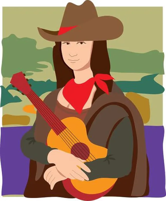 Framed Print : The Mona Lisa dressed as a cowgirl wearing a cowboy hat, a bandana and holding a guitar Framed Print : The Mona Lisa dressed as a cowgirl wearing a cowboy hat, a bandana and holding a guitar