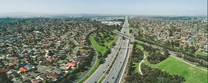 Framed Print : Monash freeway passing through Wheelers Hill suburb - aerial landscape