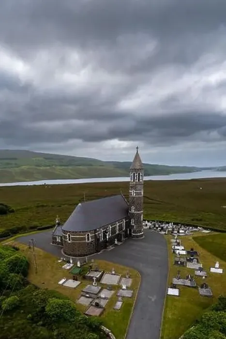 Framed Print : Money Beg, Ireland - 12 July, 2022: aerial view of the Sacred Heart Catholic Church in Money Beg Framed Print : Money Beg, Ireland - 12 July, 2022: aerial view of the Sacred Heart Catholic Church in Money Beg