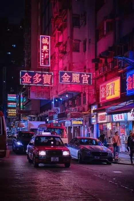 Framed Print : Mong Kok, Hong Kong - April 12 2023: A Traditional red Taxi and colorful neon light signs Framed Print : Mong Kok, Hong Kong - April 12 2023: A Traditional red Taxi and colorful neon light signs