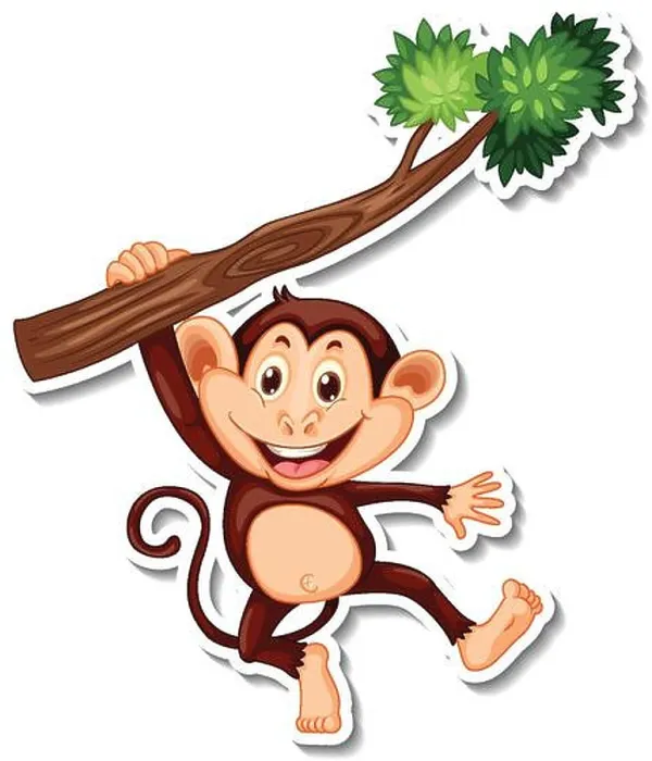 Framed Print : Monkey hanging on tree branch cartoon character sticker illustration Framed Print : Monkey hanging on tree branch cartoon character sticker illustration