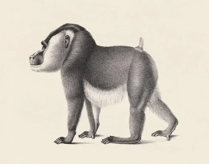 Framed Print : Monkey illustration. Pencil sketch of a monkey isolated on an aged beige background Framed Print : Monkey illustration. Pencil sketch of a monkey isolated on an aged beige background