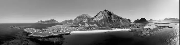 Framed Print : Monochrome drone panorama of Jusnesvika Bay and Rambergstranda beach on Flakstadoya island Framed Print : Monochrome drone panorama of Jusnesvika Bay and Rambergstranda beach on Flakstadoya island
