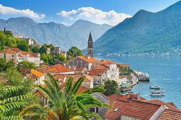 Montenegro, Perast balkan village mountain landscape, Kotor Bay