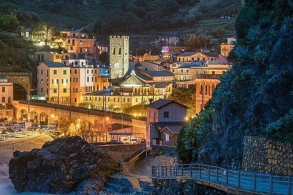 Monterosso, Italy in the Cinque Terre region at dusk on the Mediterranean Sea