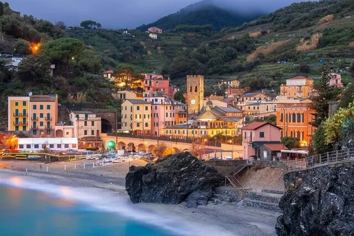 Framed Print : Monterosso, Italy in the Cinque Terre region at dusk on the Mediterranean Sea Framed Print : Monterosso, Italy in the Cinque Terre region at dusk on the Mediterranean Sea