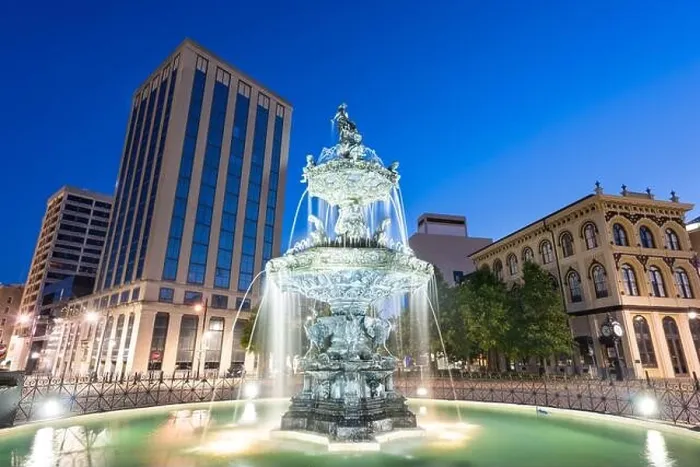 Framed Print : Montgomery, Alabama, USA fountain and downtown cityscape at twilight Framed Print : Montgomery, Alabama, USA fountain and downtown cityscape at twilight