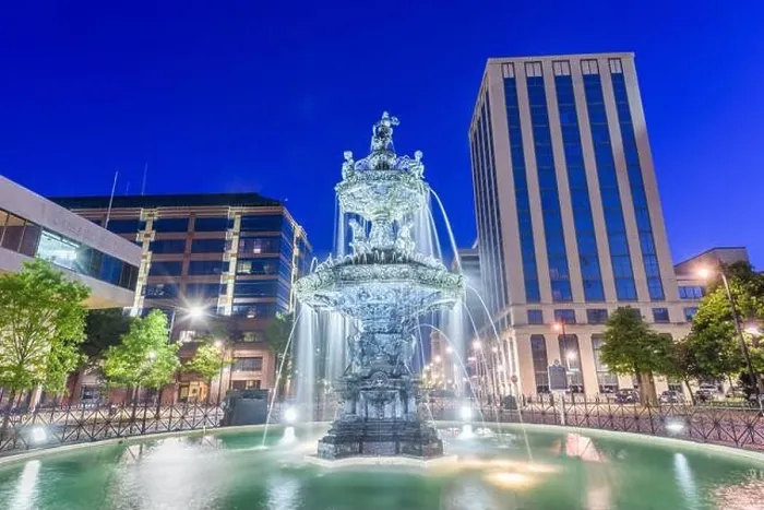 Framed Print : Montgomery, Alabama, USA fountain and downtown cityscape at twilight Framed Print : Montgomery, Alabama, USA fountain and downtown cityscape at twilight