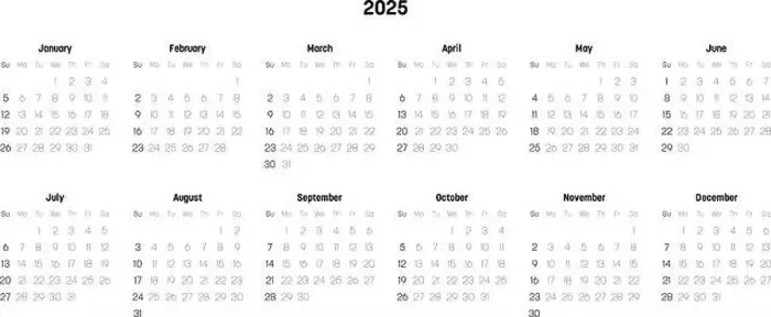 Framed Print : Monthly calendar of year 2025. Week starts on Sunday Framed Print : Monthly calendar of year 2025. Week starts on Sunday