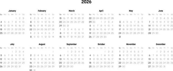 Framed Print : Monthly calendar of year 2026. Week starts on Sunday Framed Print : Monthly calendar of year 2026. Week starts on Sunday
