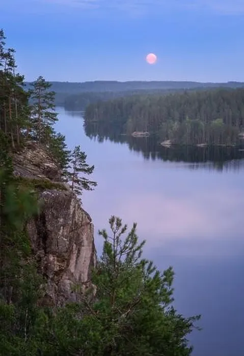 Framed Print : Mood moonlight landscape with calm forest and lake at summer night in Finland Framed Print : Mood moonlight landscape with calm forest and lake at summer night in Finland