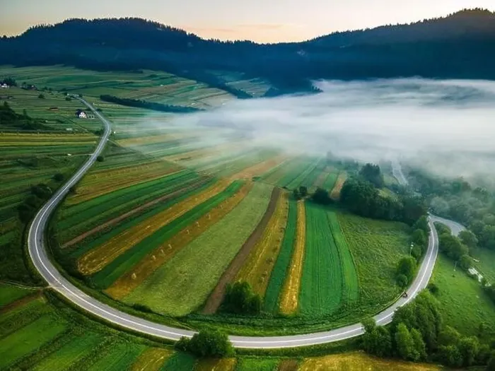 Framed Print : Morning Fog over Farm Fields and Curvy Road in Pieniny Park. Drone View Framed Print : Morning Fog over Farm Fields and Curvy Road in Pieniny Park. Drone View