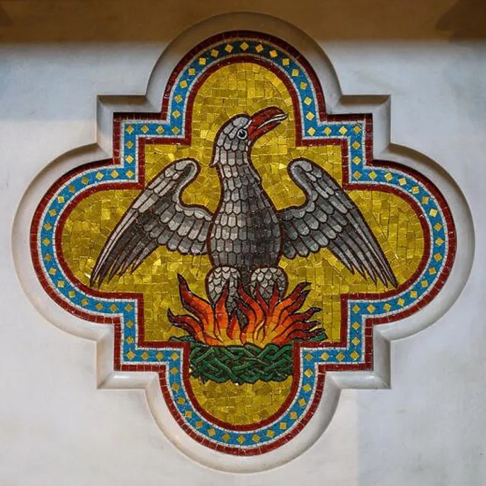 Framed Print : Mosaic of the Phoenix as a symbol of the Resurrection of Jesus Christ. Votivkirche – Votive Church, Vienna, Austria