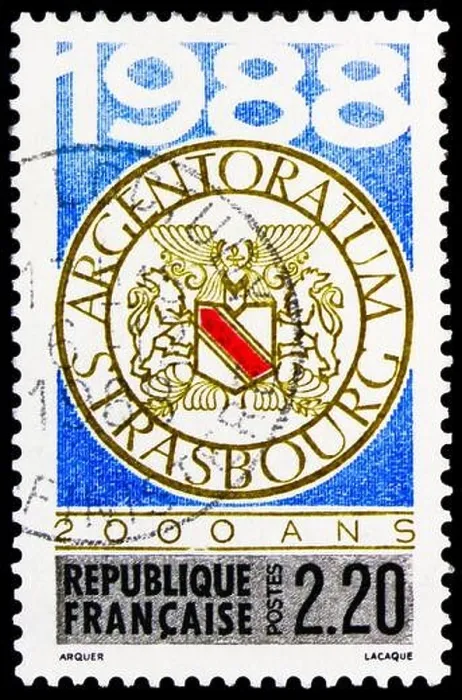 Framed Print : MOSCOW, RUSSIA - FEBRUARY 15, 2023: Postage stamp printed in France shows 2000th Anniversary of Strasbourg, circa 1988 Framed Print : MOSCOW, RUSSIA - FEBRUARY 15, 2023: Postage stamp printed in France shows 2000th Anniversary of Strasbourg, circa 1988