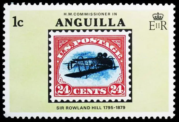Framed Print : MOSCOW, RUSSIA - JUNE 28, 2020: Postage stamp printed in Anguilla shows USA inverted Jenny of 1918 Framed Print : MOSCOW, RUSSIA - JUNE 28, 2020: Postage stamp printed in Anguilla shows USA inverted Jenny of 1918
