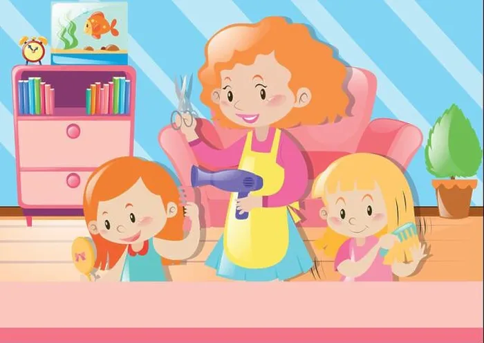 Framed Print : Mother cutting daughters hair at home illustration