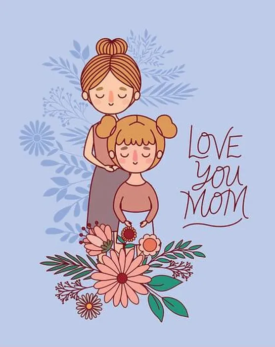 Framed Print : Mother and daughter cartoon with flowers and leaves vector design Framed Print : Mother and daughter cartoon with flowers and leaves vector design