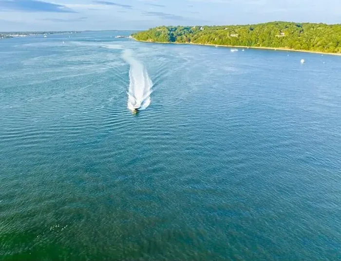 Framed Print : motor yacht underway of shelter island, ny