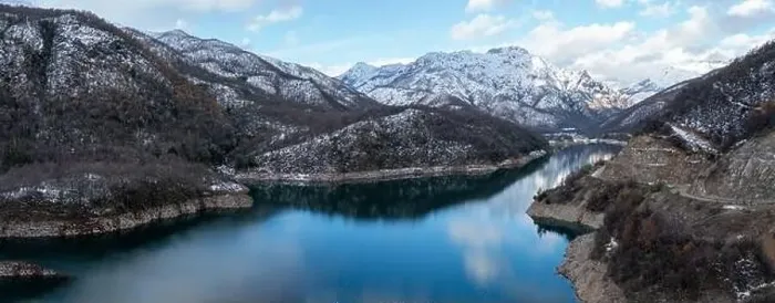 Framed Print : Mounains Lagoon Ancoa in the snow en region Maule, Chile. Aerial drone view Framed Print : Mounains Lagoon Ancoa in the snow en region Maule, Chile. Aerial drone view