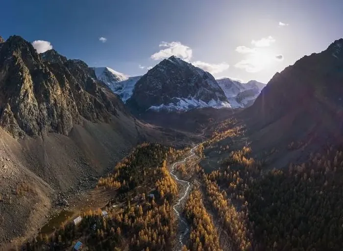 Framed Print : Mount Karatash in Aktru in Autumn. The Altai Mountains in Autumn. Aerial View