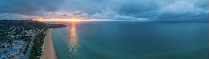 Framed Print : Mount Martha coastline at sunset - wide aerial panorama with copy space Framed Print : Mount Martha coastline at sunset - wide aerial panorama with copy space