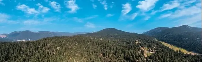 Framed Print : Mountain fir forest landscape panorama aerial drone view, blue sky Framed Print : Mountain fir forest landscape panorama aerial drone view, blue sky