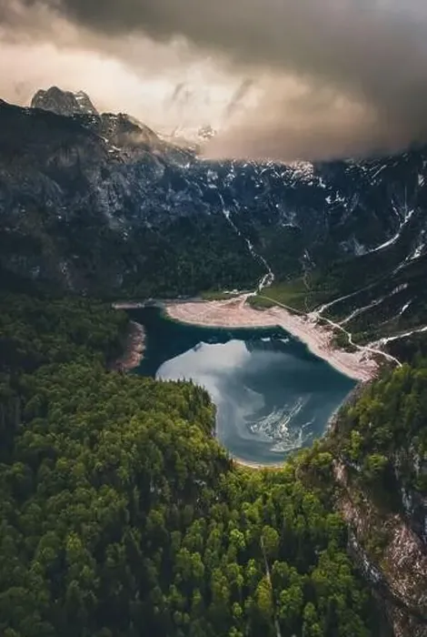 Framed Print : mountain lake gosau aerial drone view in summer Framed Print : mountain lake gosau aerial drone view in summer