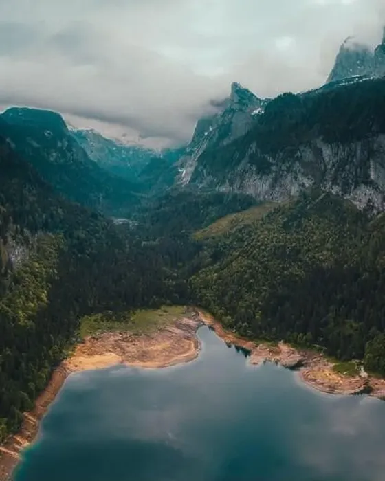 Framed Print : mountain lake gosau aerial drone view in summer Framed Print : mountain lake gosau aerial drone view in summer
