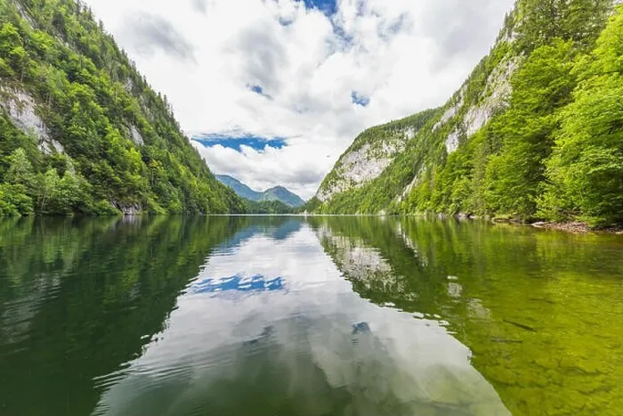 Framed Print : Mountain lake landscape, beautiful scenery with clouds and pine trees over lake reflection