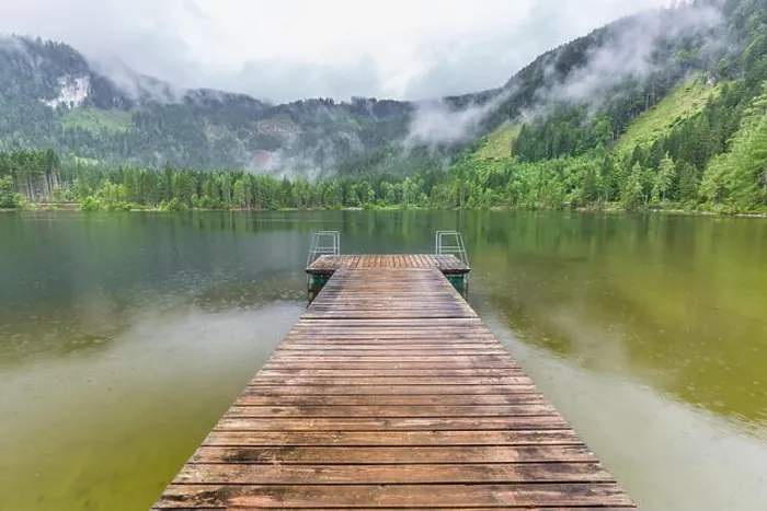 Framed Print : Mountain lake landscape, beautiful scenery with clouds and pine trees over lake reflection