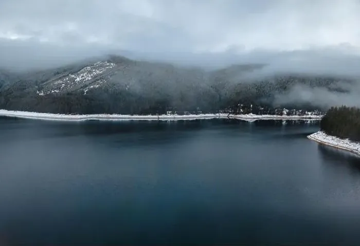 Framed Print : Mountain lake photography in winter season, shot from a drone Framed Print : Mountain lake photography in winter season, shot from a drone
